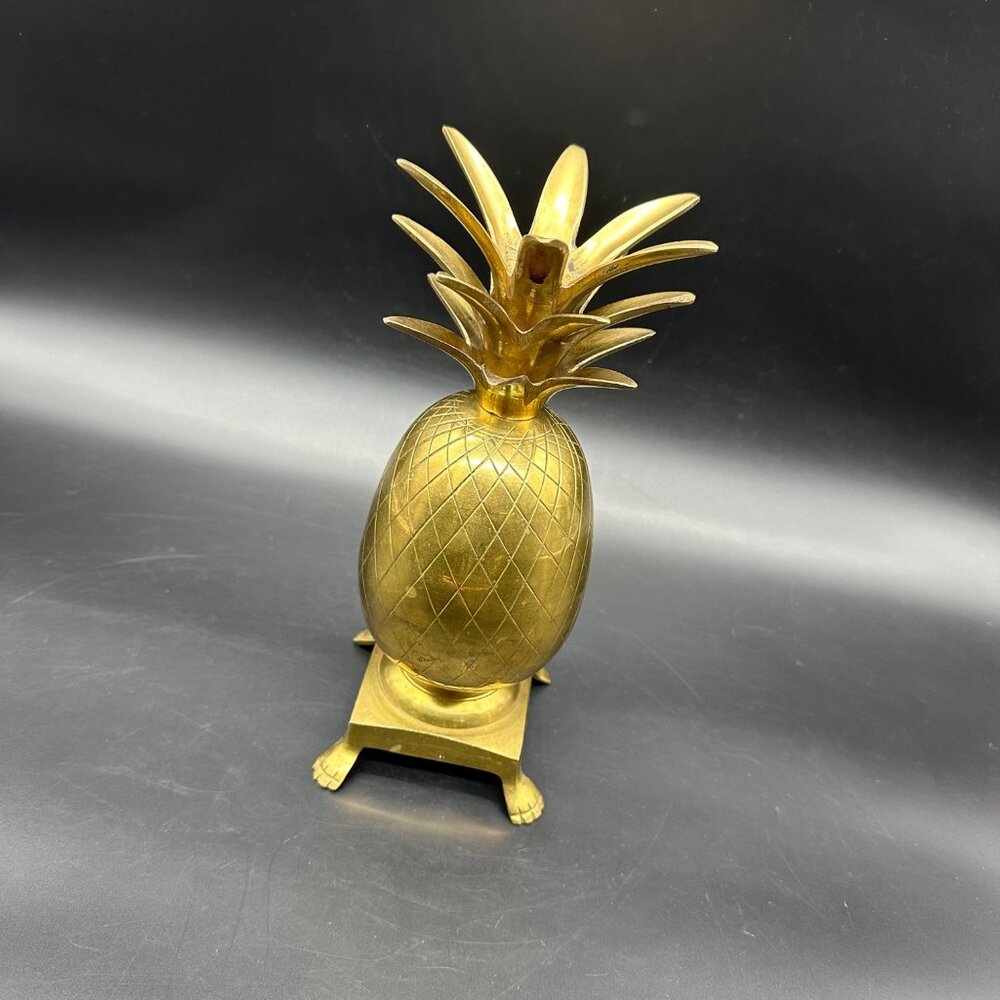 Vintage Brass Pineapple Candlestick Holder Statue Paw Feet Tropical Fruit Decor